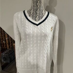Ralph Lauren White Cable V-Neck Sweater with Navy Trim and Crest
